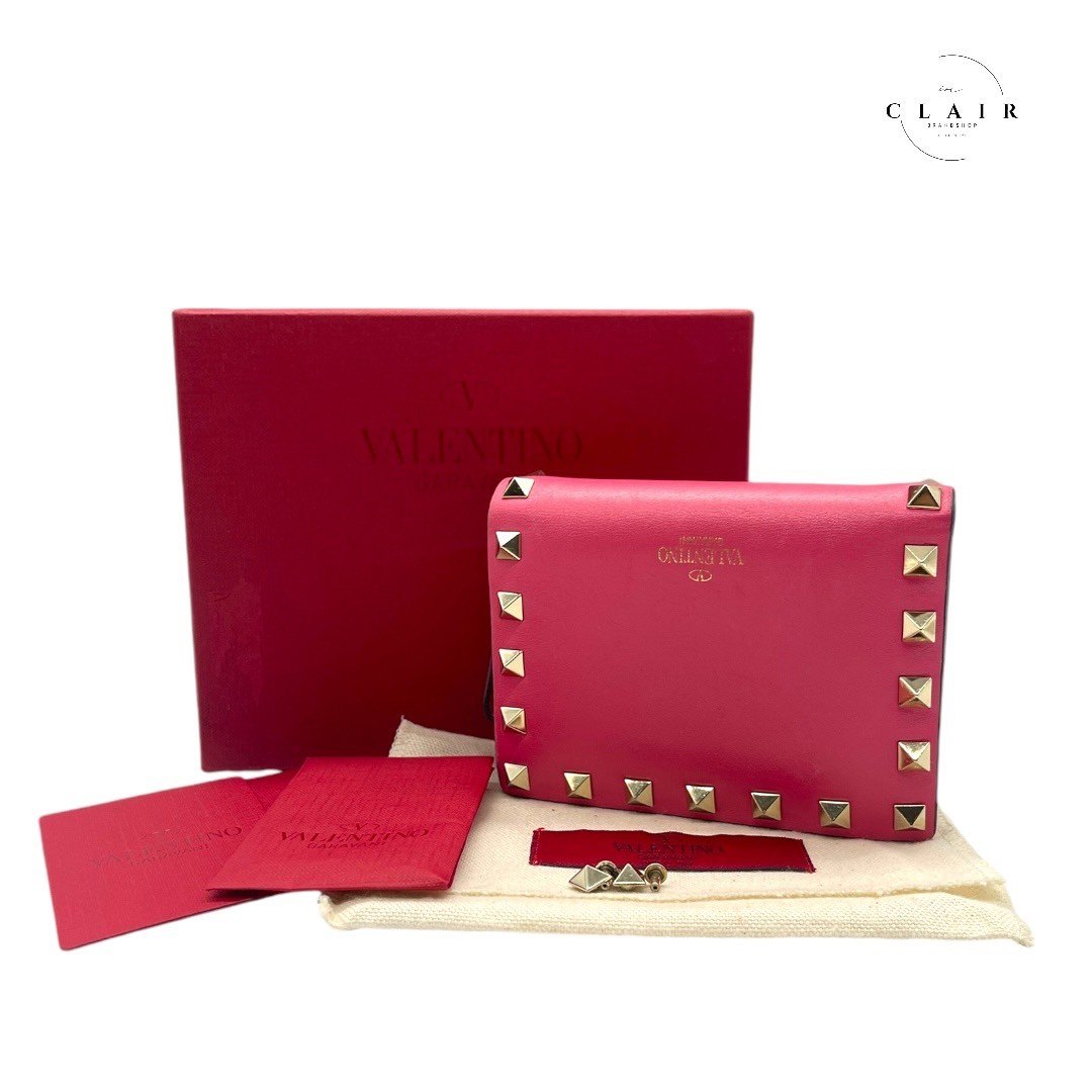 Rakuten - 【中古】 バレンチノ ロックスタッズ コンパクトウォレット レザー ピンク ブランド 財布 レディース VALENTINO