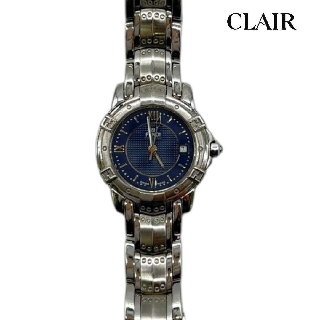 稼働品 FENDI フェンディ スクエア 青文字盤 ロゴベルト 腕時計 稼働品