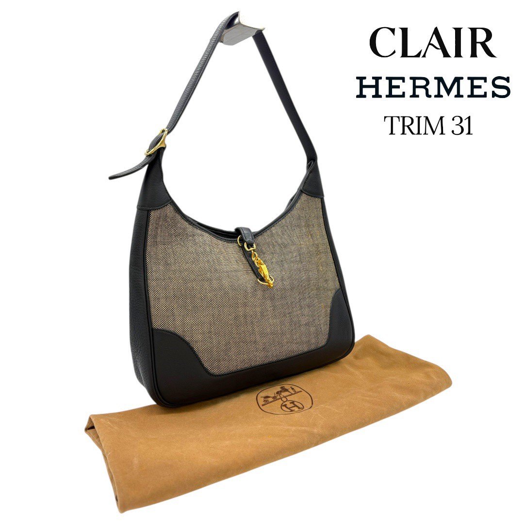樂天商城 - 【中古】エルメス トリム31 ブラックレザー トワルアッシュ ゴールド金具 HERMES