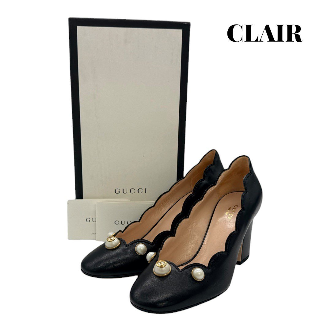 樂天商城 - 【美品】グッチ インターロッキングG パンプス ブラック #38 24cm スカラップ フェイクパール レディース GUCCI