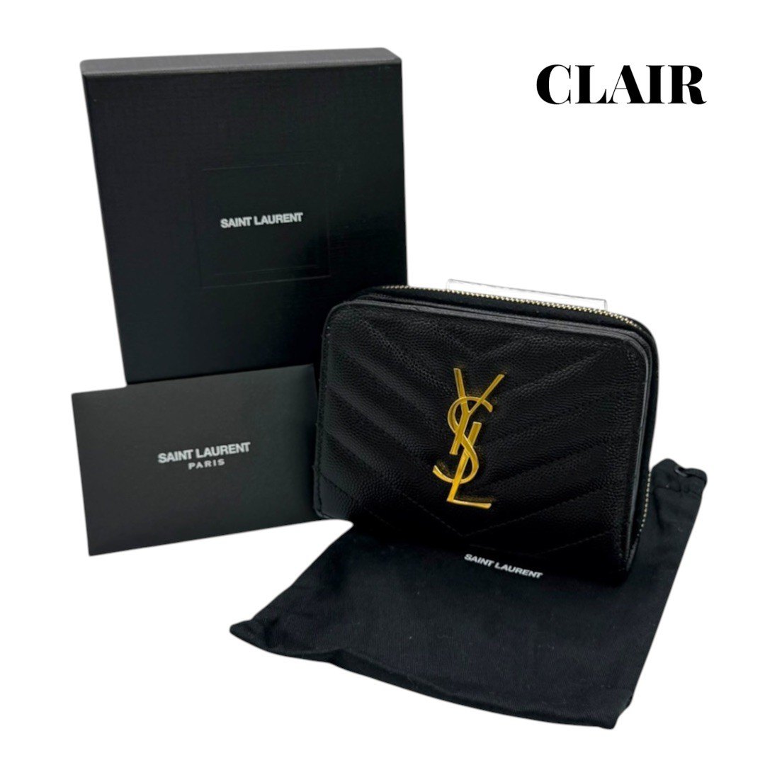 Rakuten - 【美品】SAINT LAURENT PARIS サンローランパリ 財布 YSL キャビアスキン ブラック 黒 レディース コンパクト財布 ラウンドジップ財布