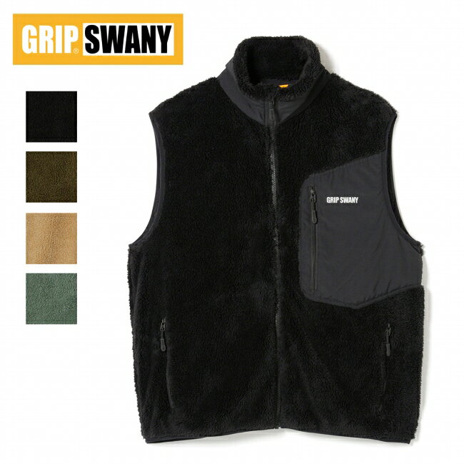 メーカー希望小売価格はメーカーカタログに基づいて掲載していますSpec ブランド名 GRIP SWANY グリップスワニー 商品名 GEAR FLEECE VEST ギアフリースベスト メーカー型番 GSMCV-213 サイズ S：着丈65　肩幅44　身幅53M：着丈67　肩幅46　身幅56L：着丈69　肩幅48　身幅59XL：着丈71　肩幅50　身幅62(単位：cm)※メーカーサイズ参照 カラー BlackBrownCamelSage 詳細 &nbsp; 毛足が長く珊瑚のようなフリース素材を使用したベスト。ふわふわ肌触りが心地よく、暖かな着心地が冬の強い味方になります。収納能力のあるギアポケット仕様で、アウトドアシーンやちょっとしたお出かけも手ぶらで可能です。----------------------------------【素材】本体：ポリエステル 100%別布：ナイロン 100% ------------------------------------------------------------ ※モニタやPC環境等により実物と多少色合いが異なって見える場合もございます。 ※外箱がある商品につきましては生産、運搬の過程上、商品の箱(外箱)に多少の汚れや、破れ等が生じる場合がございます。 予めご了承の上お買い求め頂きます様、よろしくお願いいたします。 ※パターン生地を使用している商品によってはパターン位置に個体差がございます。予めご了承下さい。 ※一部商品画像にメーカー提供画像を使用している商品もございますので、仕様が予告なく変更される場合がございます。 ※複数のショッピングモールで同時販売しておりますので、在庫切れになってしまう場合がございます。 厳重に注意し在庫システムで管理を行っておりますが、お買い上げいただいた商品が品切れになってしまう場合がございます。 また、人気商品に関しましても複数のお客様が一度に購入を行い、在庫の反映が間に合わずご購入できてしまう場合がございます。 その際はお客様には必ずご連絡をさせていただきますが、万が一入荷予定がない場合はキャンセルさせていただく場合がございます。 大変申し訳ございませんがあらかじめご了承ください。 ※メール便発送対象商品に関しましては、メール便規定料金にてお送りします。 ※ガス缶などをご使用いただく商品の場合、同メーカーのものをご使用いただくことを推奨しております。 製品不良などが起こった場合、保証対象外となる場合がございます。 ------------------------------------------------------------