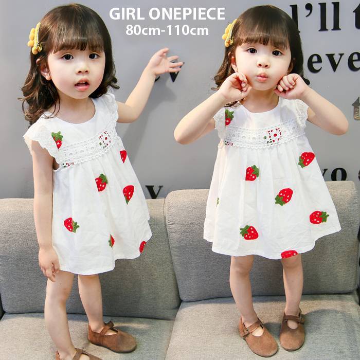 キッズ ワンピース イチゴ 苺 いちご 女の子 ガール 子供服 こども 子供 ベビー 白 ホワイト ノースリーブ ショート丈 スカート レース フリル 刺繍 涼しい 夏 ネコポス送料無料のサムネイル