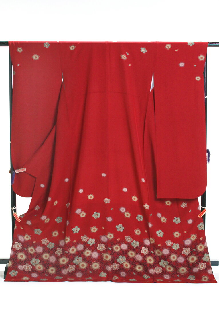 《ブラックフライデークーポンで500円-27,000円OFF》販売 クラレナの エンジ色に桜・麻の葉 正絹 振袖 (ST135)【中古】【和装】【着物】【女性】...