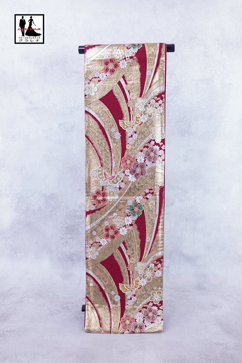 《ブラックフライデークーポンで500円-27,000円OFF》 販売 クラレナの ワインレッド 金 銀 桜 蝶 菊 振袖用 正絹 袋帯 (cl_kimono25...