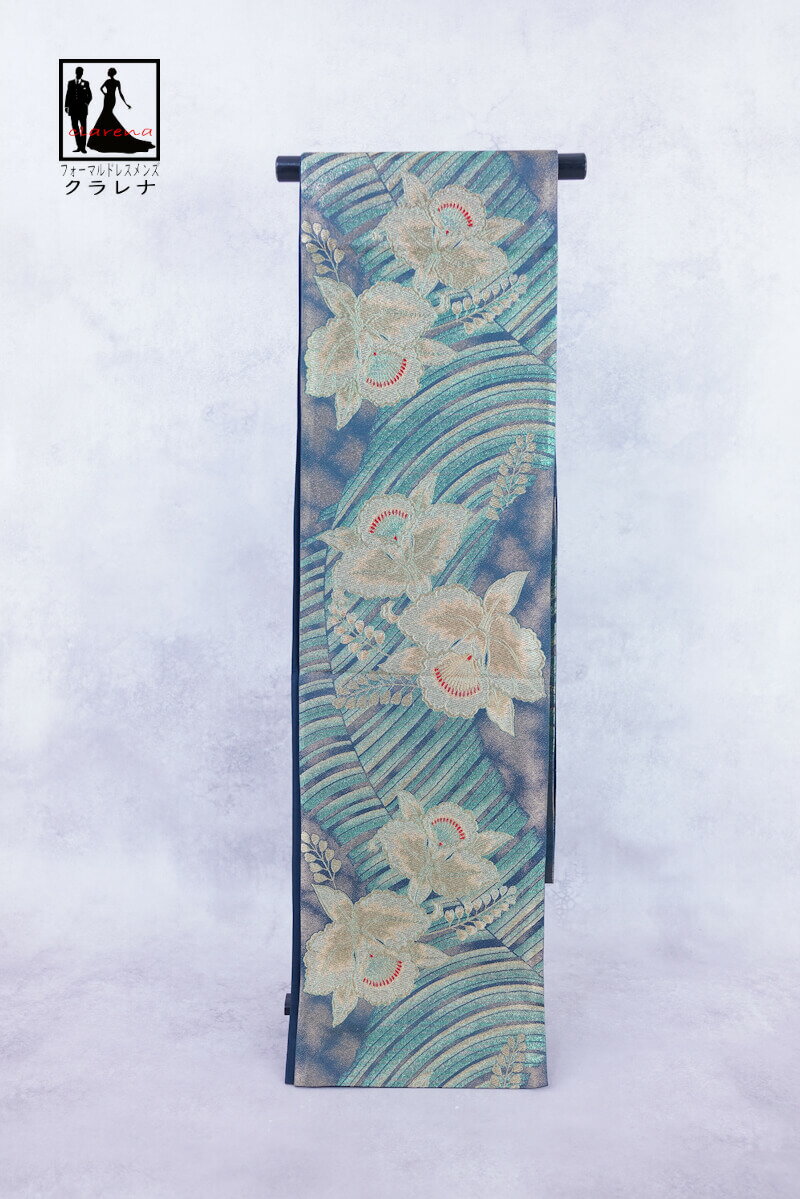 《ブラックフライデークーポンで500円-27,000円OFF》販売 クラレナの 金 藍色 カトレア 振袖用 正絹 袋帯 (cl_kimono2513) (中古)...