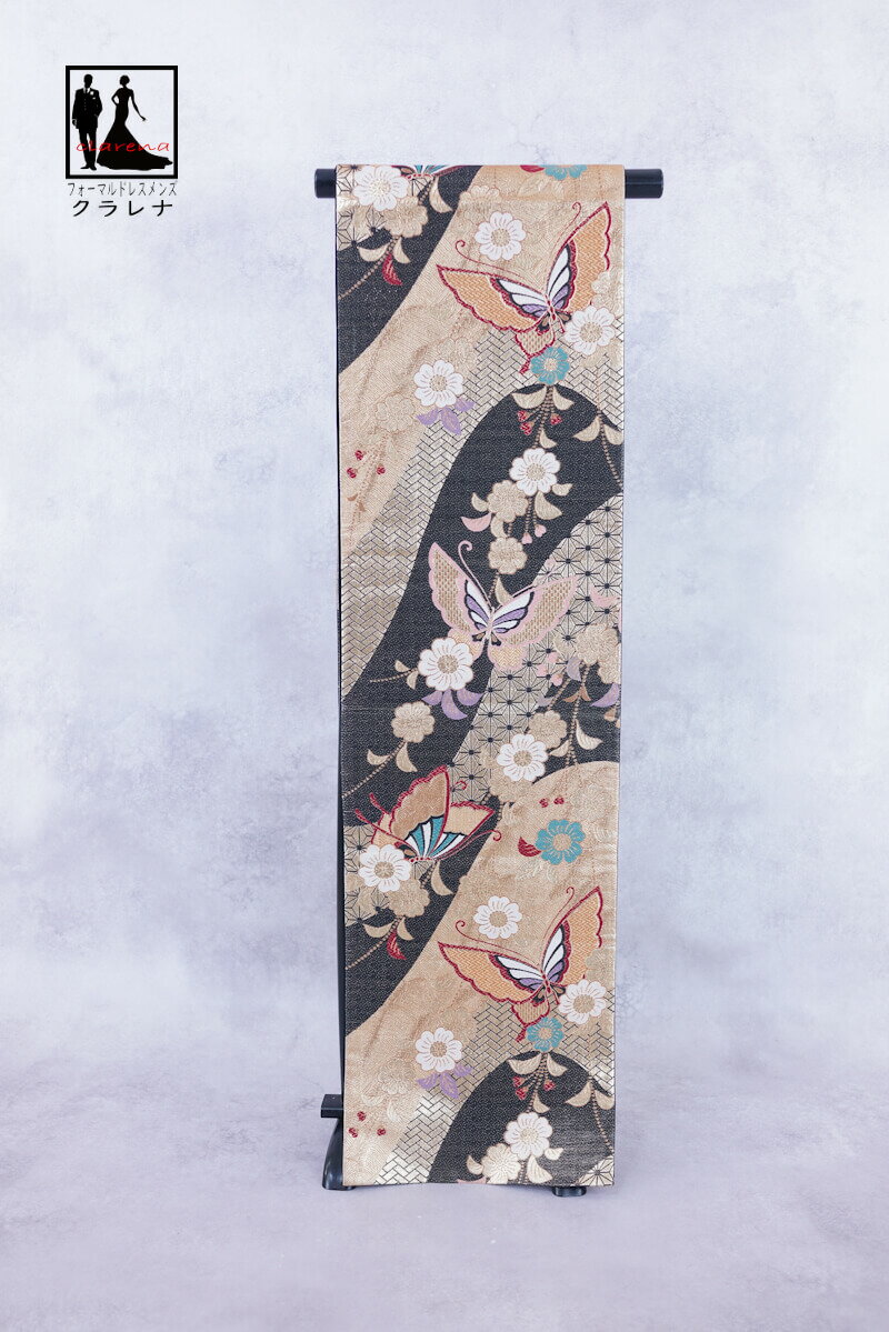 《ブラックフライデークーポンで500円-27,000円OFF》販売 クラレナの 金 黒 枝垂れ桜 蝶 振袖用 正絹 袋帯 (cl_kimono2514) (中古...