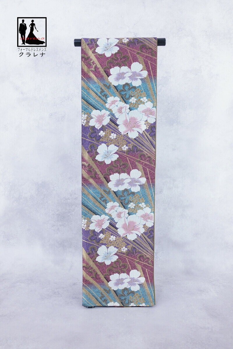 《ブラックフライデークーポンで500円-27,000円OFF》販売 クラレナの 紫 ローズピンク シアン 金 桜 梅 振袖用 正絹 袋帯 (cl_kimono2...