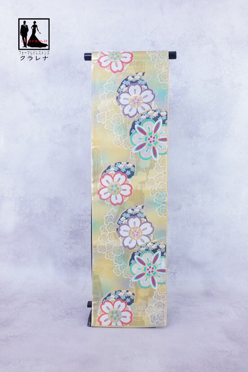 《ブラックフライデークーポンで500円-27,000円OFF》販売 クラレナの 金 ペールグリーン 桜 雪輪 振袖用 正絹 袋帯 (cl_kimono2536)...