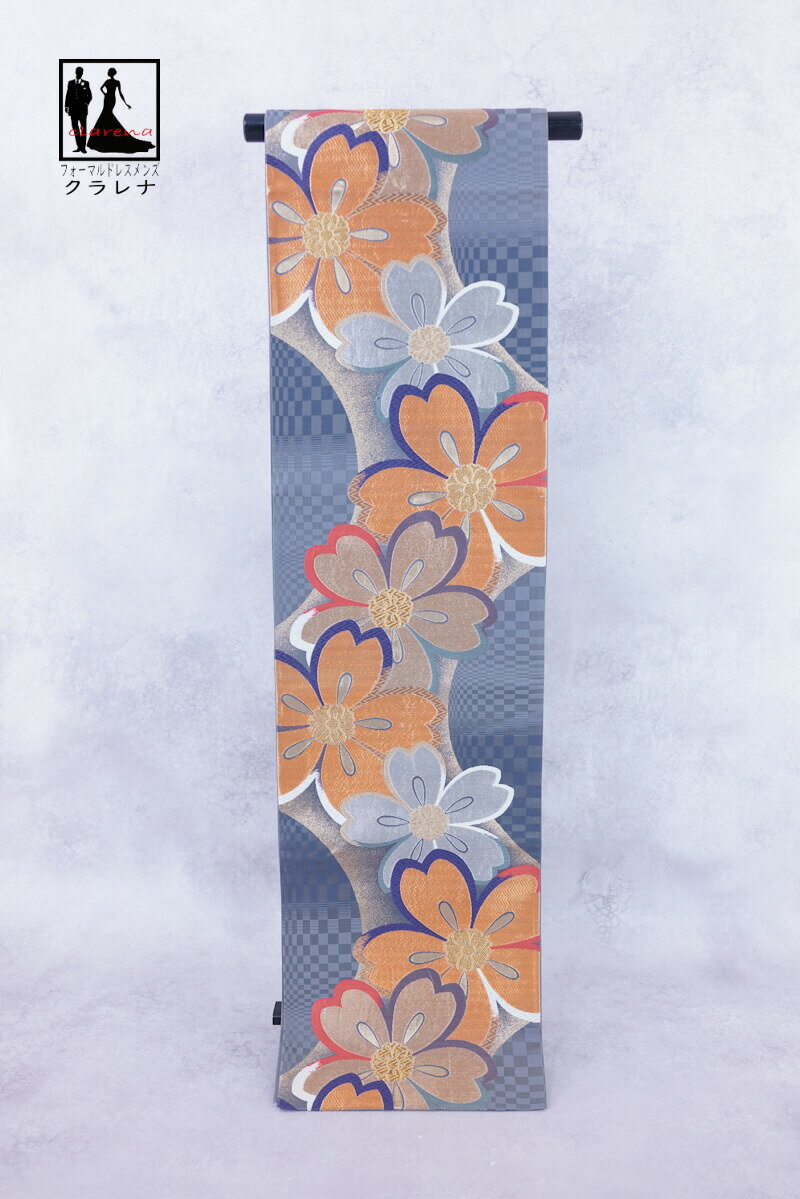 《ブラックフライデークーポンで500円-27,000円OFF》販売 クラレナの 金 銀 グレー 桜花 市松文様 振袖用 正絹 袋帯 (cl_kimono2537...