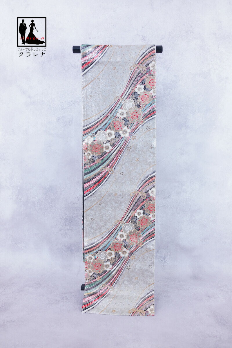 《ブラックフライデークーポンで500円-27,000円OFF》販売 クラレナの 銀 黒 金 赤 梅 桜 組紐 振袖用 正絹 袋帯 (cl_kimono2539)...