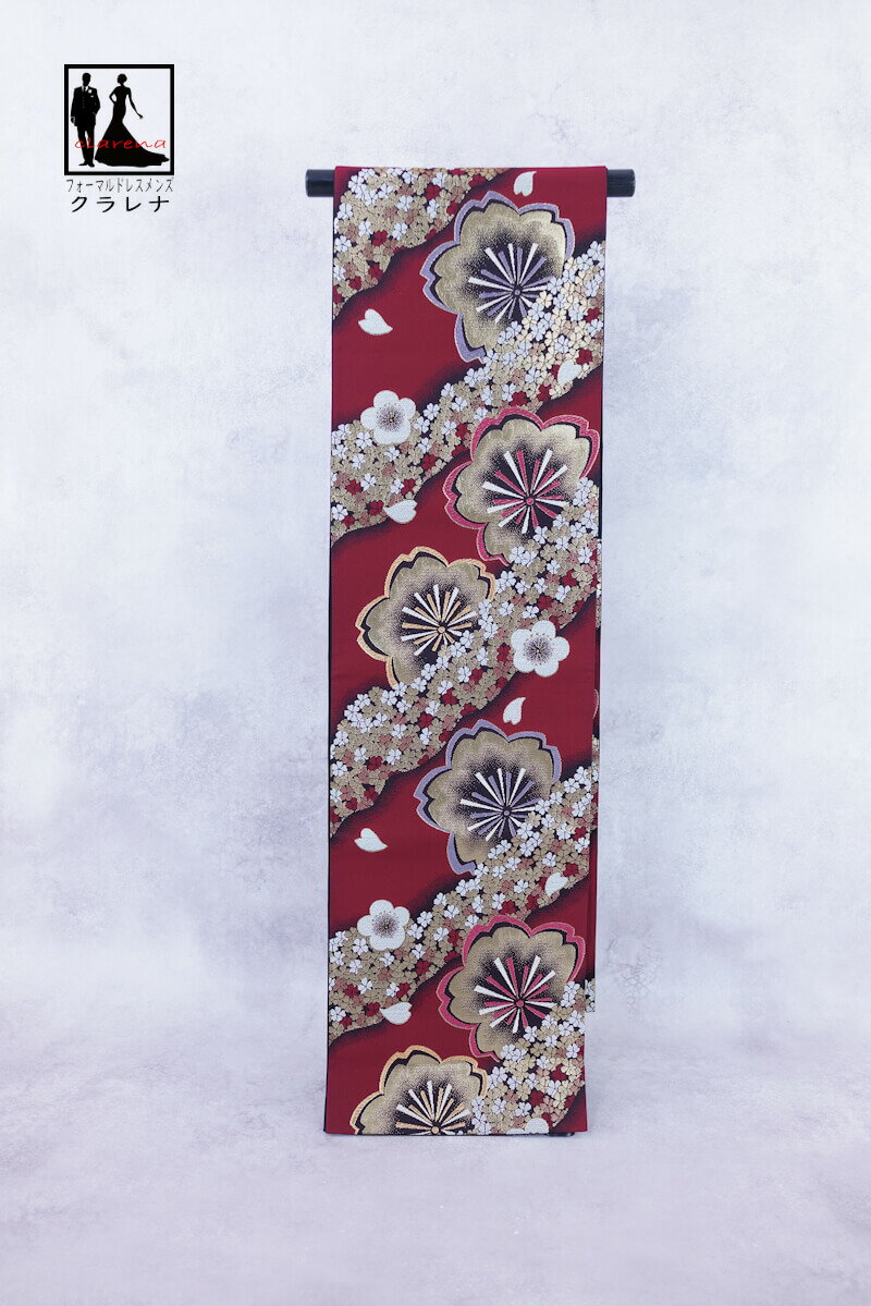 《ブラックフライデークーポンで500円-27,000円OFF》販売 クラレナの エンジ色 金 黒 桜 梅 振袖用 正絹 袋帯 (cl_kimono2542) (...