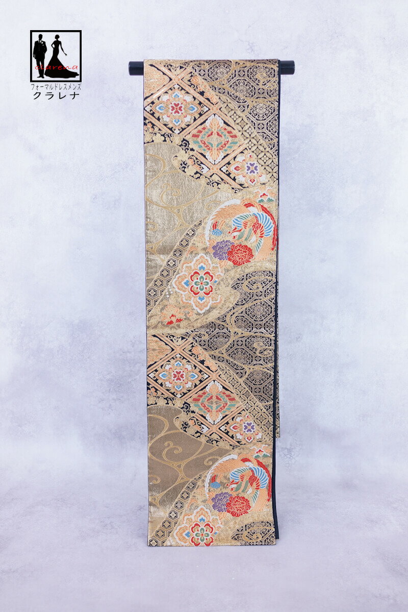 《ブラックフライデークーポンで500円-27,000円OFF》販売 クラレナの 金 黒 正倉院文様 振袖用 正絹 袋帯 (cl_kimono2550) (中古)...