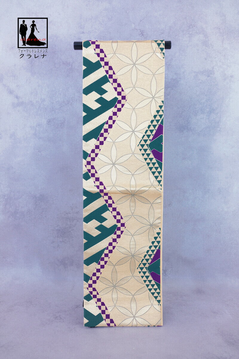 《ブラックフライデークーポンで500円-27,000円OFF》販売 クラレナの 金 深緑 紫 紗綾形 市松 鱗 輪違い麻の葉 振袖用 正絹 袋帯 (cl_kim...
