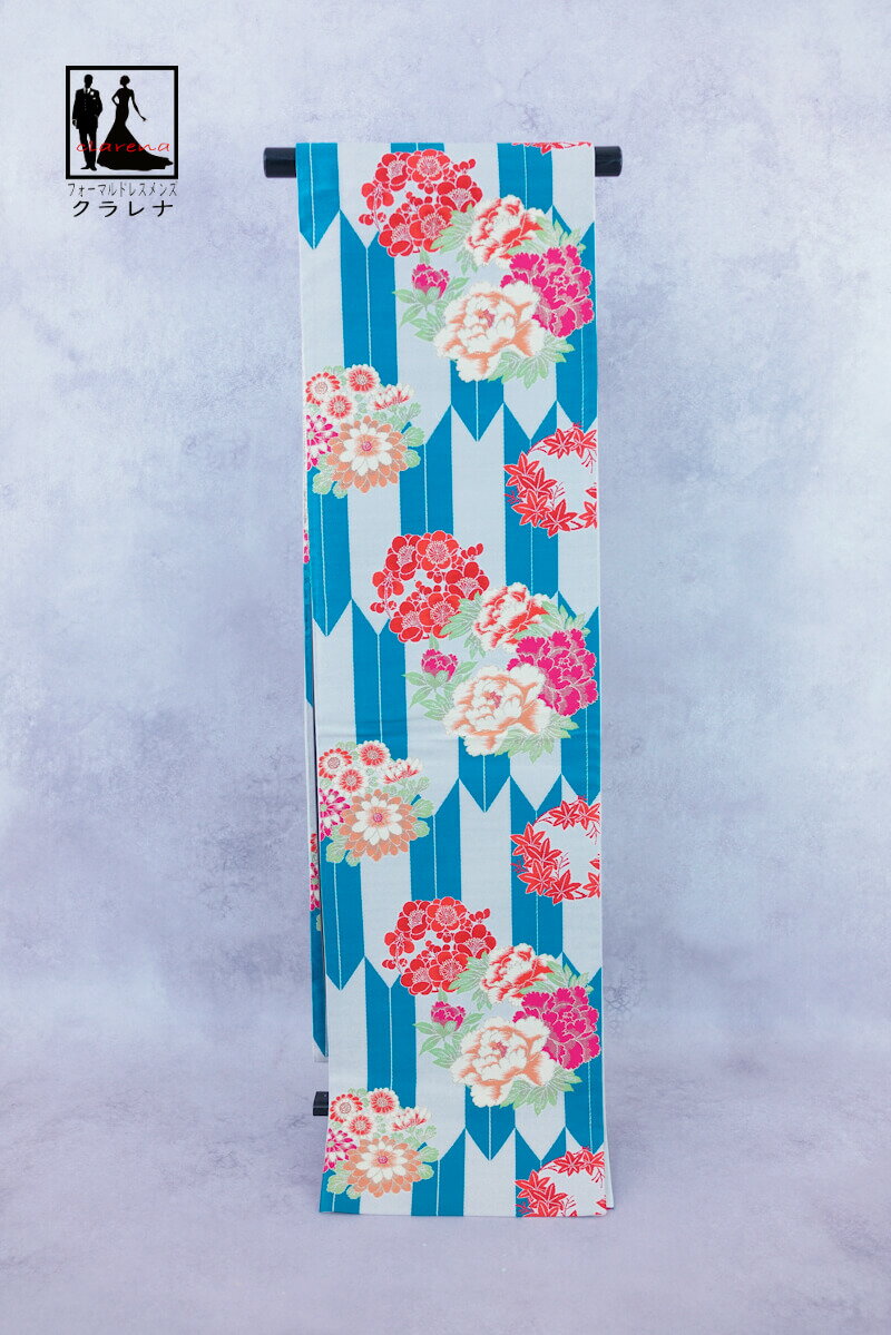 《ブラックフライデークーポンで500円-27,000円OFF》販売 クラレナの 青 ベージュ 矢羽根 花丸文 振袖用 正絹 袋帯 (cl_kimono2556)...