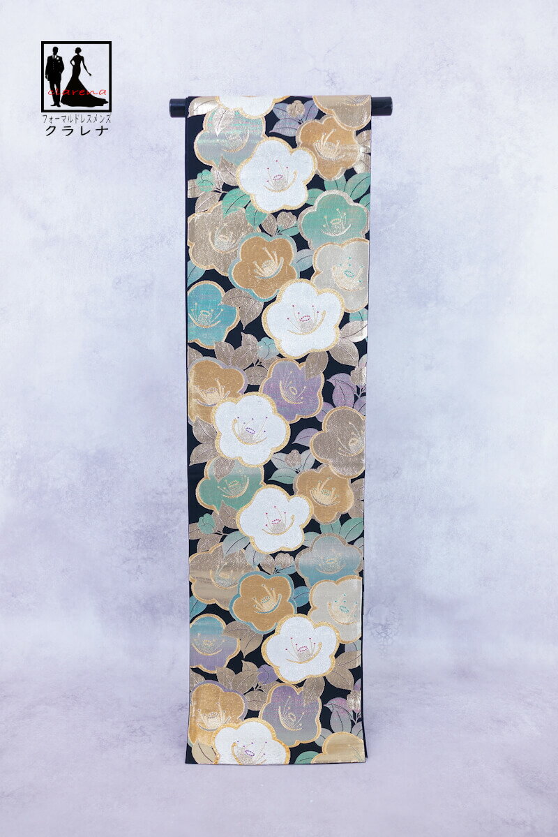 《ブラックフライデークーポンで500円-27,000円OFF》販売 クラレナの 黒 金 銀 グレイッシュパープル 薄緑 椿 振袖用 正絹 袋帯 (cl_kimo...