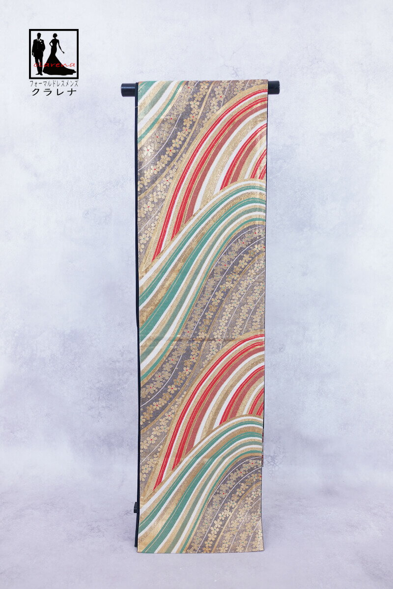 《ブラックフライデークーポンで500円-27,000円OFF》販売 クラレナの 金 緑 茶 流水 小梅 振袖用 正絹 袋帯 (cl_kimono2560) (中...