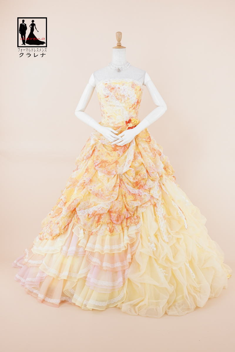 《フォーマル衣装》カラードレス 7号フリー (CLC5106) クラレナ Aya na ture イエロー オレンジ ピンク 白レース ネックレス イヤリング付き 【中古】 (USED品)（リサイクル）【洋装】【ドレス】【cd7】【cd9】