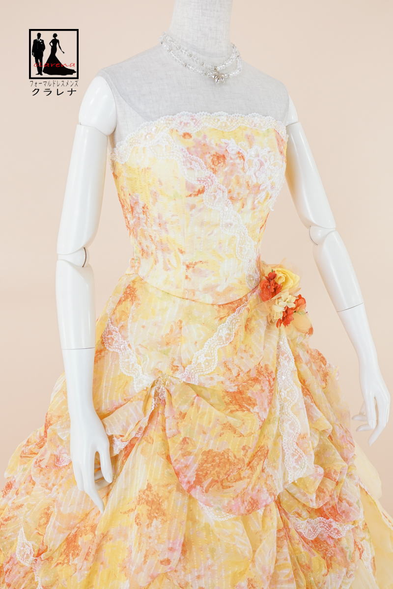 《フォーマル衣装》カラードレス 7号フリー (CLC5106) クラレナ Aya na ture イエロー オレンジ ピンク 白レース ネックレス イヤリング付き 【中古】 (USED品)（リサイクル）【洋装】【ドレス】【cd7】【cd9】
