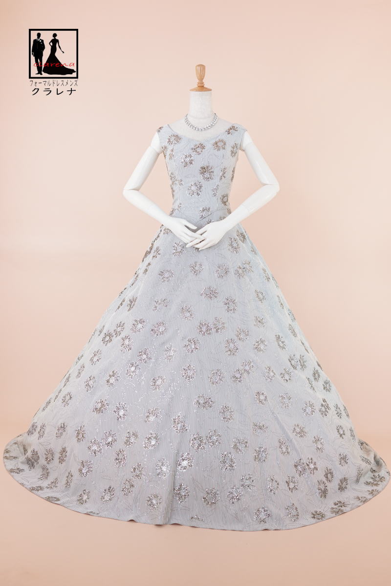 《フォーマル衣装》カラードレス 9号フリー (CLC5147) クラレナ Del Grappa グレー 白 ストライプ ラメ花 ネックレス イヤリング付き【ドレス】 【洋装】【中古】 (USED品)（リサイクル）【cd7】【cd9】【cd11】【cd13】