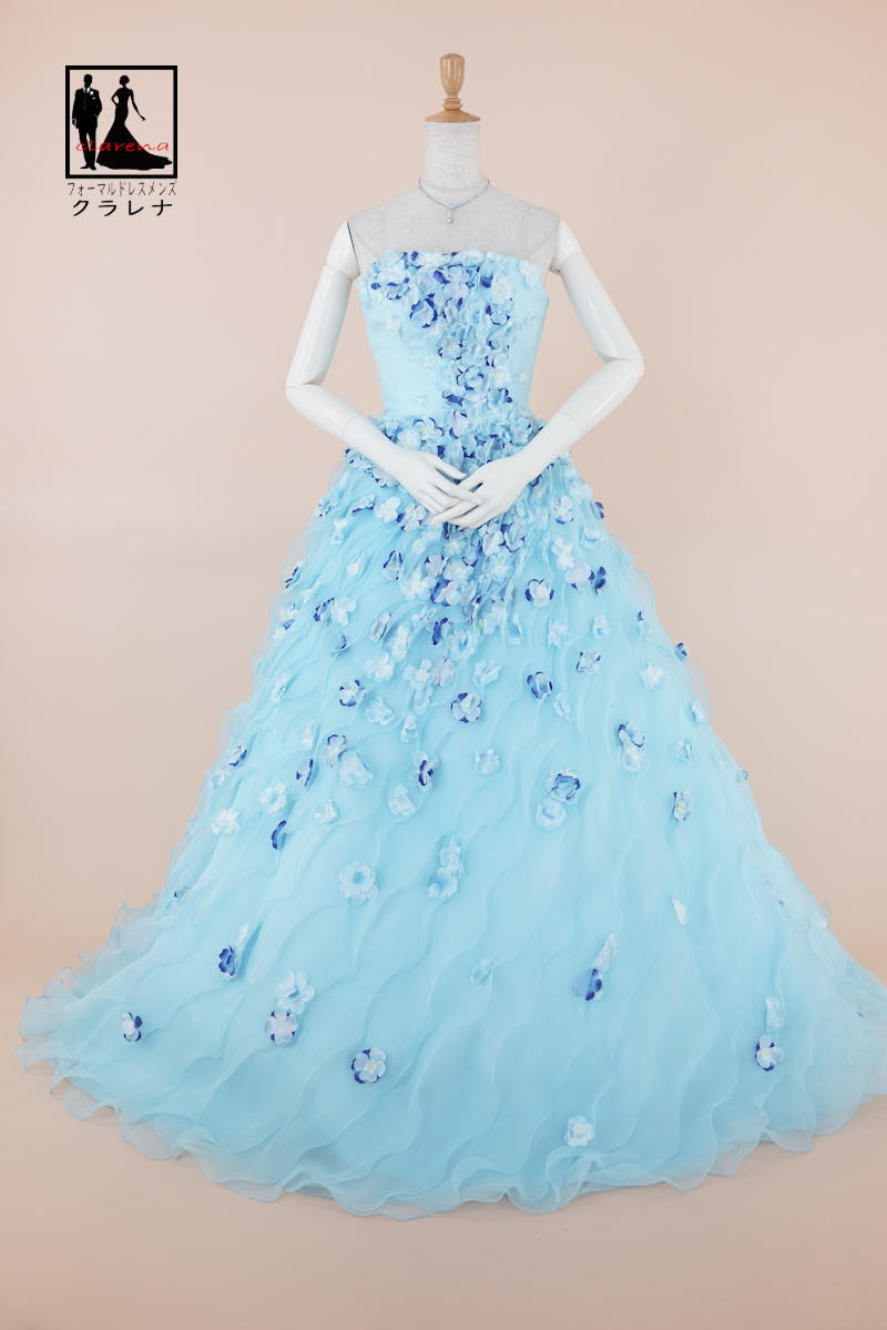 《フォーマル衣装》カラードレス 7-9号 (CLC5169) クラレナ水色 小花 フリル ネックレス イヤリング付き【ドレス】 【洋装】【中古】 (USED品)（リサイクル）【cd7】【cd9】【cd11】