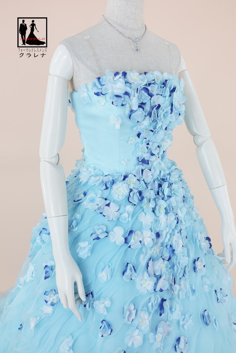 《フォーマル衣装》カラードレス 7-9号 (CLC5169) クラレナ水色 小花 フリル ネックレス イヤリング付き【ドレス】 【洋装】【中古】 (USED品)（リサイクル）【cd7】【cd9】【cd11】