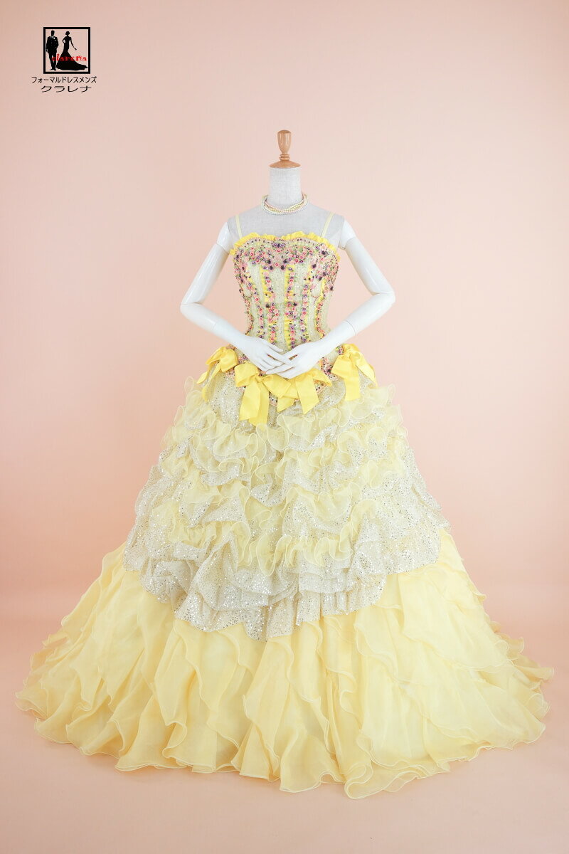 《フォーマル衣装》販売 クラレナの ネックレス イヤリング付き EIKO KOBAYASHI 濃薄イエロー 小花 リボン カラードレス 7-11号(CLC4545) 【中古】 (USED品)（リサイクル）【洋装】【ドレス】【cd7】【cd9】【cd11】
