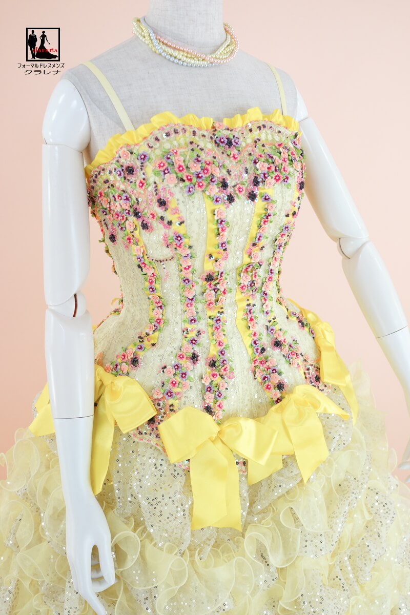 《フォーマル衣装》販売 クラレナの ネックレス イヤリング付き EIKO KOBAYASHI 濃薄イエロー 小花 リボン カラードレス 7-11号(CLC4545) 【中古】 (USED品)（リサイクル）【洋装】【ドレス】【cd7】【cd9】【cd11】
