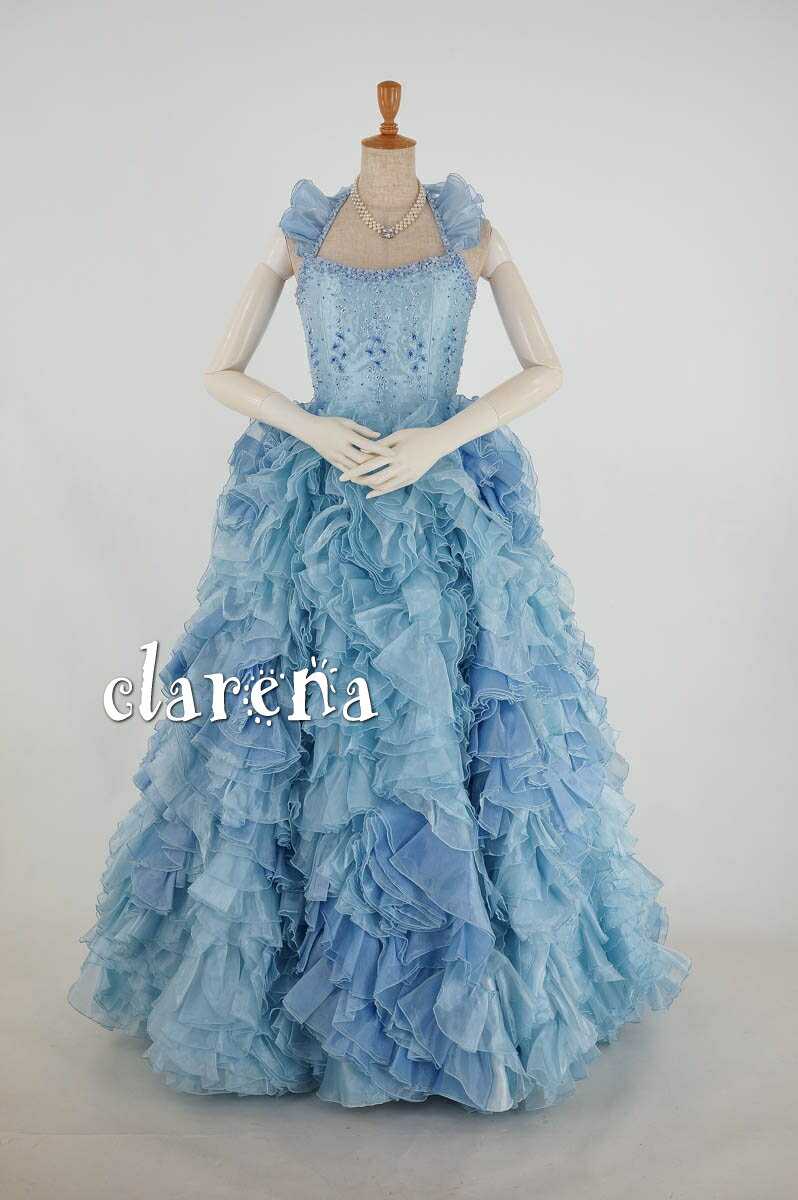 《フォーマル衣装》販売 クラレナの 裾上げ加工・クリーニング済み 水色にフリル・ビーズの花々ロングドレス 7号(CLC3535)(USED品)【中古】【洋装】【ドレス】【cd7】