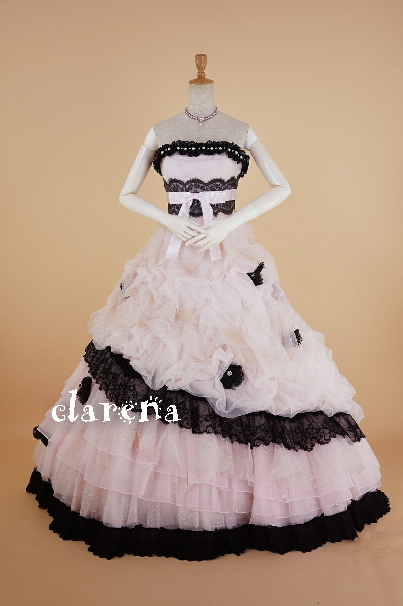 【完売御礼】クリーニング済み 淡ピンクに黒レース カラードレス 9号フリー(CLC3887) 【中古】 (USED品)（リサイクル）中古ドレス【洋装】【ドレス】【cd9】【cd11】