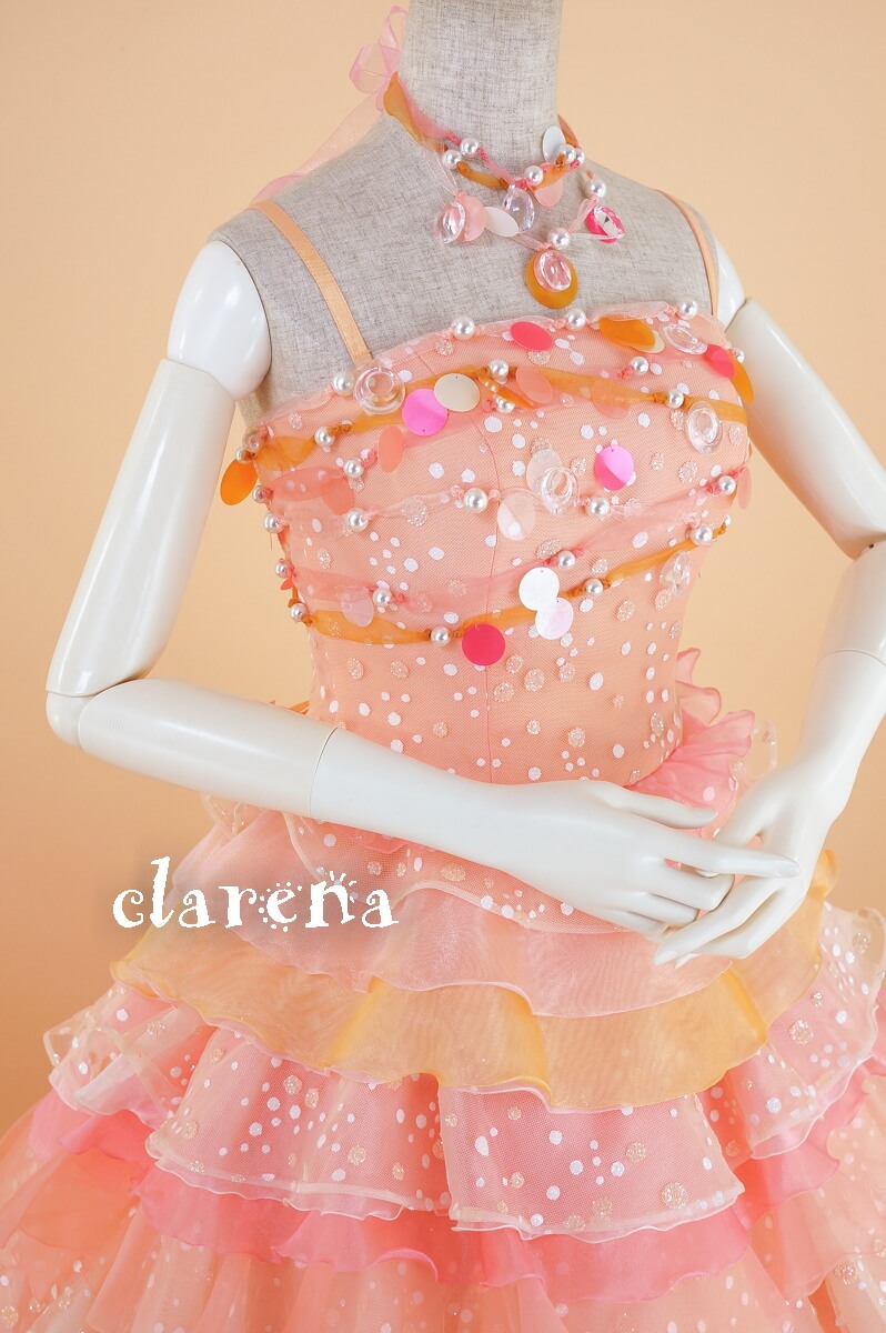 《フォーマル衣装》販売 クラレナの お揃いのチョーカー付 サーモンオレンジ＋コーラルピンクカラードレス 9-13号 (CLC3953)【中古】(USED品)（リサイクル）【洋装】【ドレス】【cd9】【cd11】