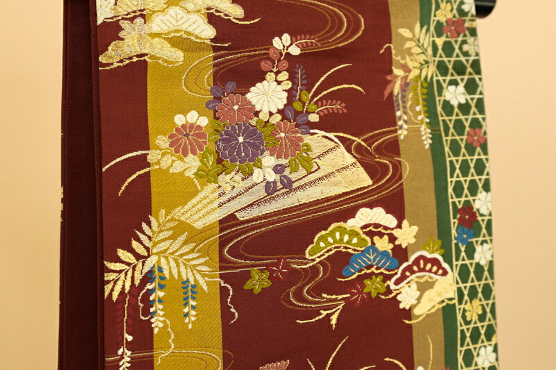 《フォーマル衣装》販売 クラレナの 茶色＋金茶＋深緑に花いかだ 正絹袋帯(MS560)(USED品)【中古】【和装】【着物】【女性】【帯】
