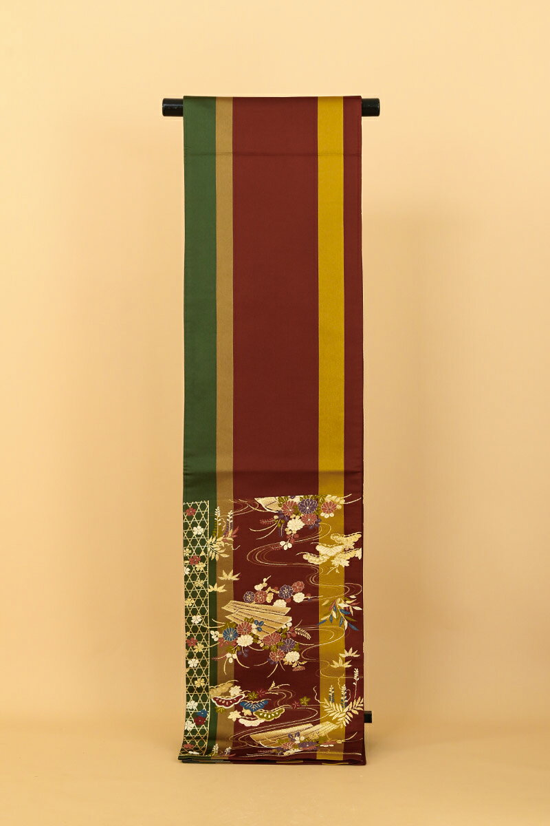 《フォーマル衣装》販売 クラレナの 茶色＋金茶＋深緑に花いかだ 正絹袋帯(MS560)(USED品)【中古】【和装】【着物】【女性】【帯】