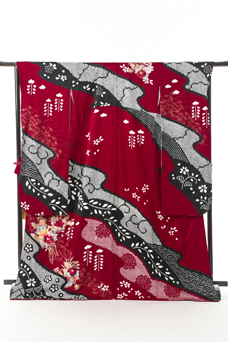 《フォーマル衣装》　振袖 成人式 ワイン色に白黒絞り染め・藤・花籠刺繍入正絹 中振袖 ＋金に地紙・組紐・熨斗 正絹 袋帯セット(ms638)(中古)(USED)(リサイクル)【和装】【着物】【女性】【中振袖】