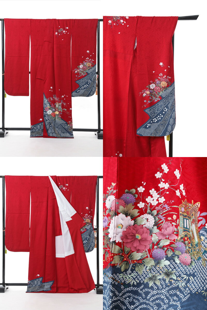 《フォーマル衣装》 販売 クラレナの ワイン色 熨斗 花々 御所車 正絹 中振袖 ＋ 紫 金 若松 唐花文 流水 正絹 袋帯セット (MS660) (中古)(USED)【和装】【着物】【女性】【中振袖】
