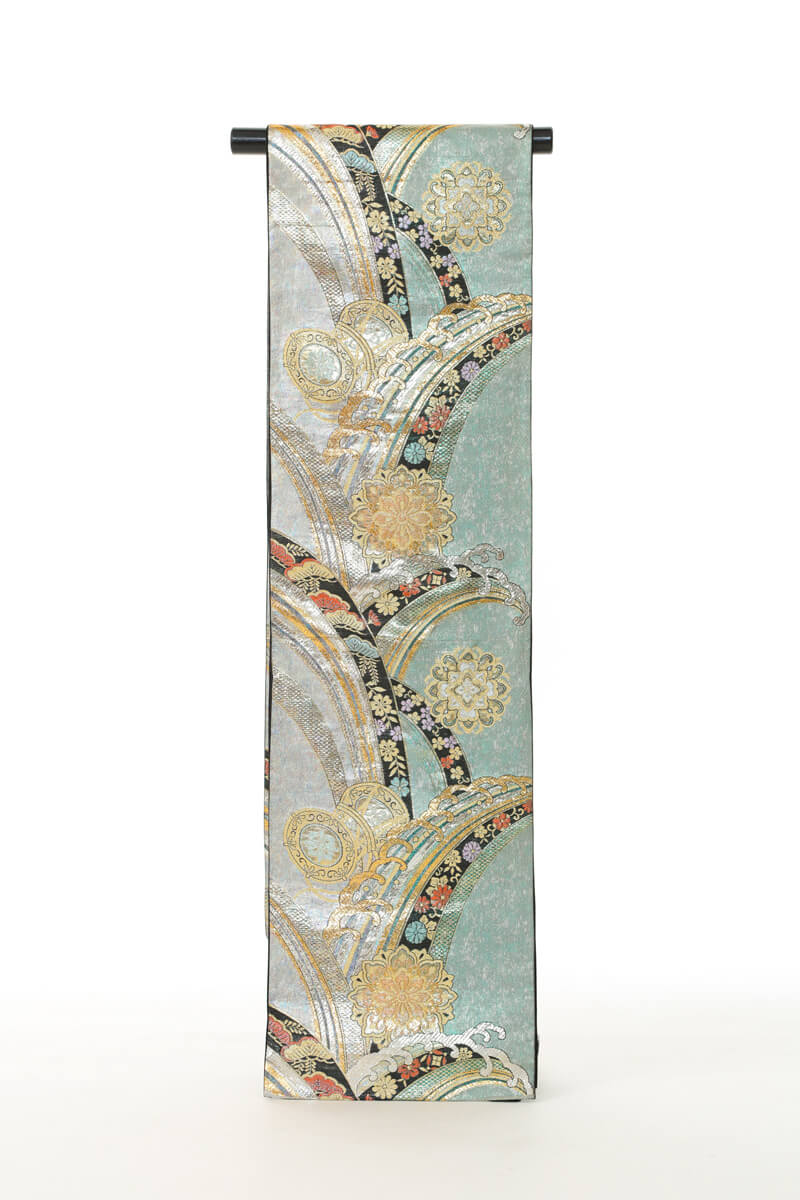 《ブラックフライデークーポンで500円-27,000円OFF》販売 クラレナの 緑 オーロラ 波 鼓 華文 正絹 袋帯 (ms710)(USED品)リサイクル【...