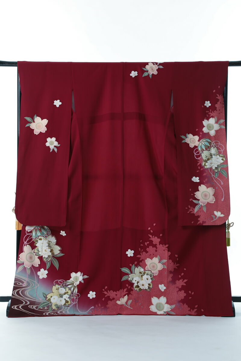 《ブラックフライデークーポンで500円-27,000円OFF》販売 クラレナの ボルドー色 桜 流水 毬 組紐 正絹 中振袖 (MS767) (中古)(リサイク...