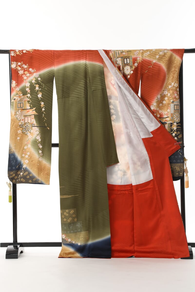 《フォーマル衣装》販売 クラレナの　茶 黄土色 抹茶色 藍色 枝垂れ桜 御所車 正絹 中振袖　(MS785)　(中古)　(USED)　(リサイクル)【和装】【着物】【女性】