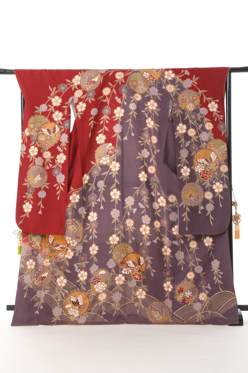 《ブラックフライデークーポンで500円-27,000円OFF》 販売 クラレナの エンジ色 葡萄鼠色 枝垂れ桜 雪輪 正絹 中振袖(MS823)(中古)(USE...