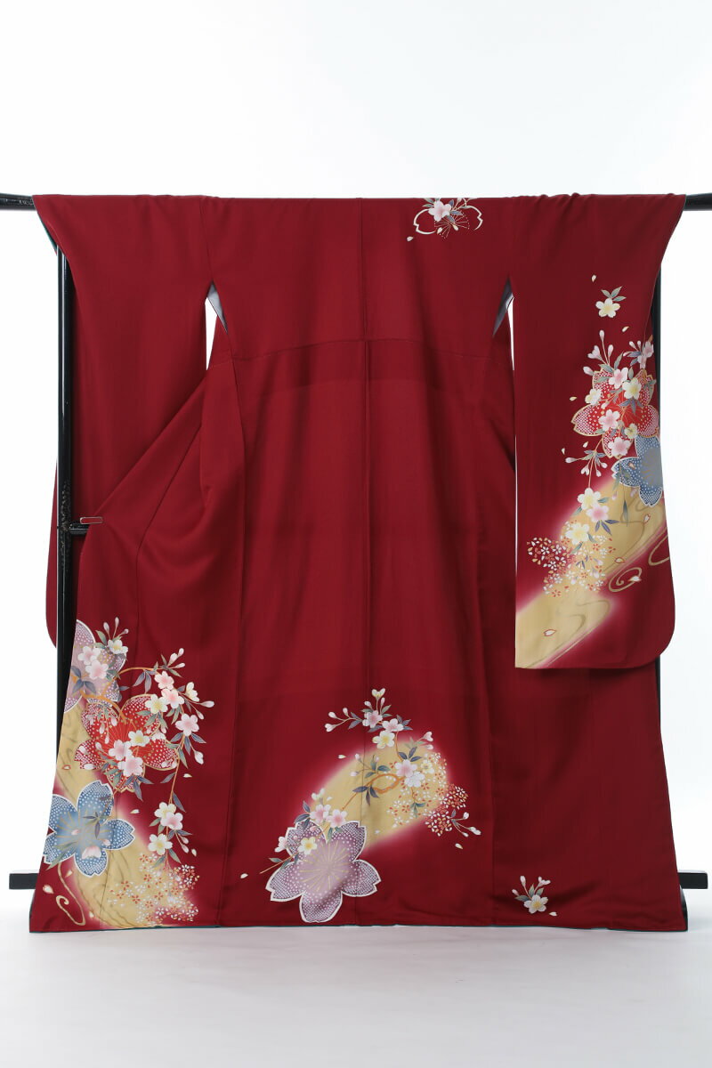 《フォーマル衣装》腕長い 裄長い 販売 クラレナの エンジ色 カスタード色 桜 正絹 中振袖 (MS952) (中古) (USED)(リサイクル)【和装】【着物】【女性】【中振袖】