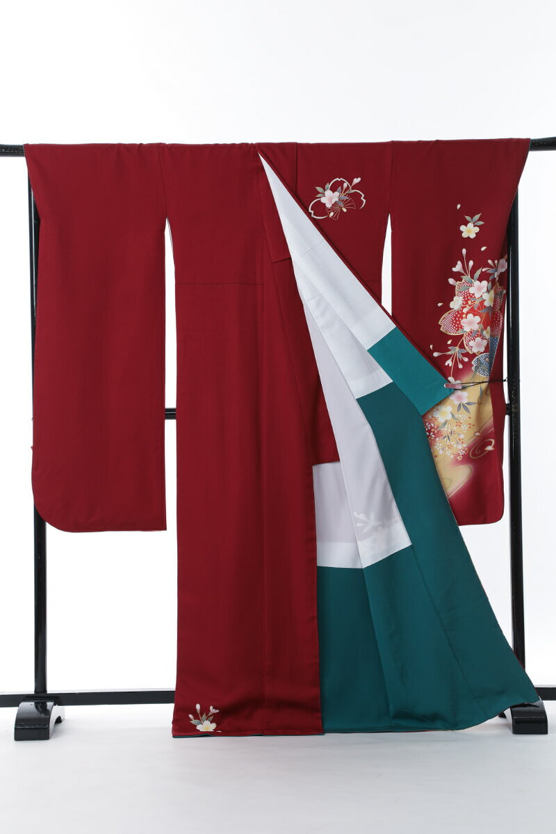 《フォーマル衣装》腕長い 裄長い 販売 クラレナの エンジ色 カスタード色 桜 正絹 中振袖 (MS952) (中古) (USED)(リサイクル)【和装】【着物】【女性】【中振袖】