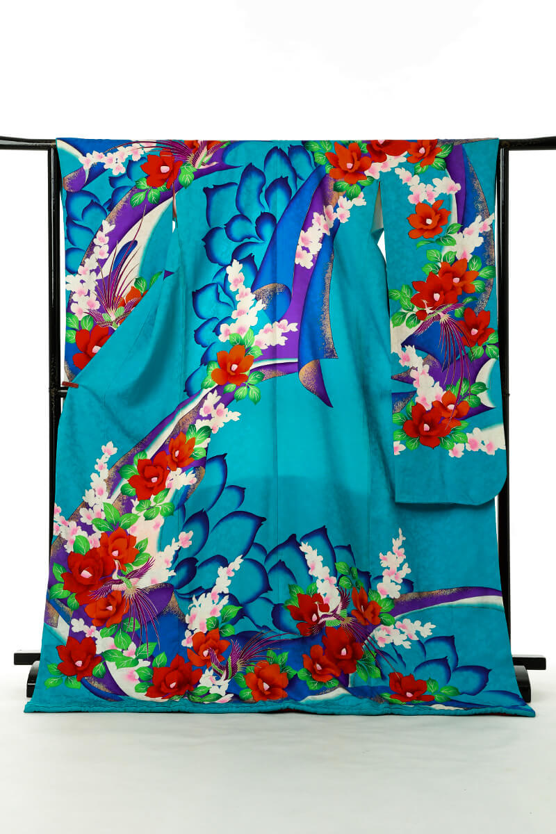 《フォーマル衣装》花嫁振袖 引き振袖 販売 クラレナの青緑 椿 グラジオラス 尾長鳥 正絹 花嫁 本振袖(MS959) (USED品) 【中古】【和装】【着物】【女性】【本振袖】