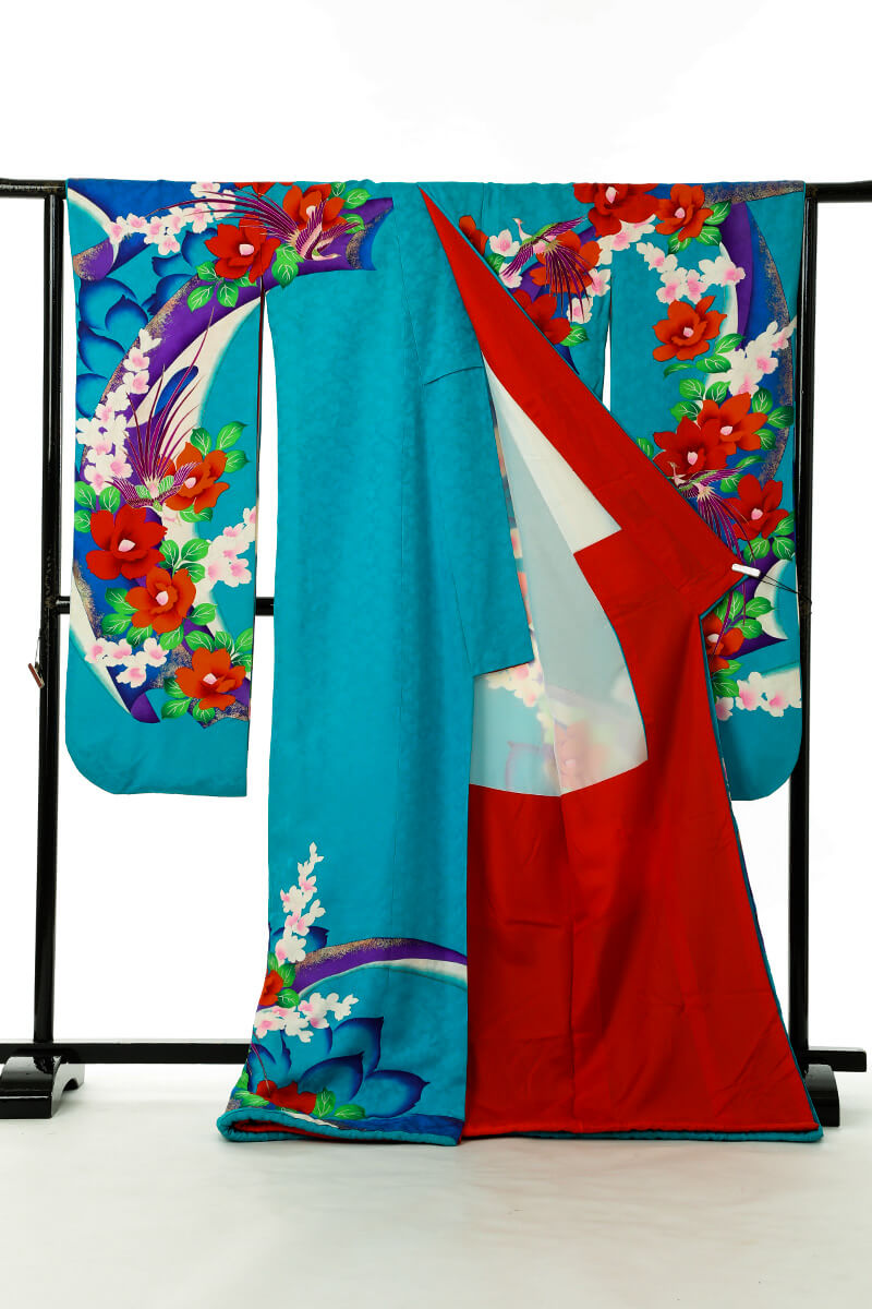 《フォーマル衣装》花嫁振袖 引き振袖 販売 クラレナの青緑 椿 グラジオラス 尾長鳥 正絹 花嫁 本振袖(MS959) (USED品) 【中古】【和装】【着物】【女性】【本振袖】