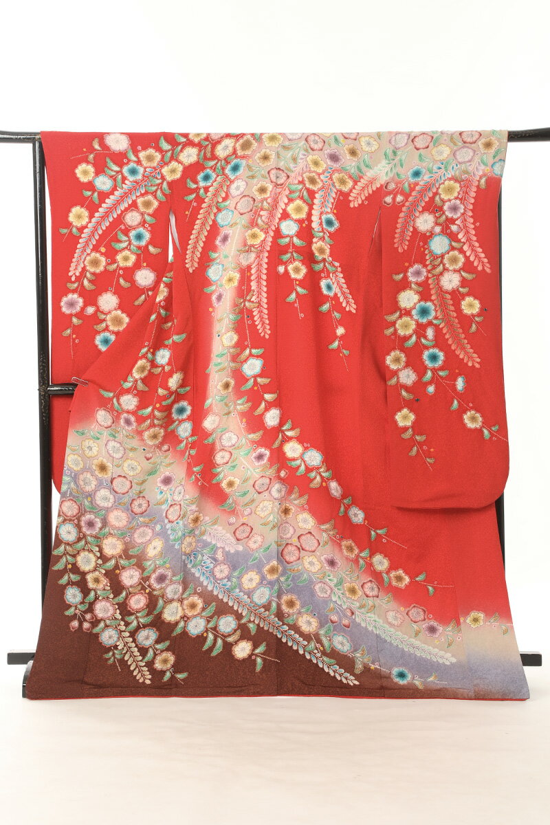 《ブラックフライデークーポンで500円-27,000円OFF》販売 クラレナの 辻が花 朱色 焦げ茶色 薄茶 薄紫 枝垂れ桜 藤 正絹 中振袖 (MS1247)...