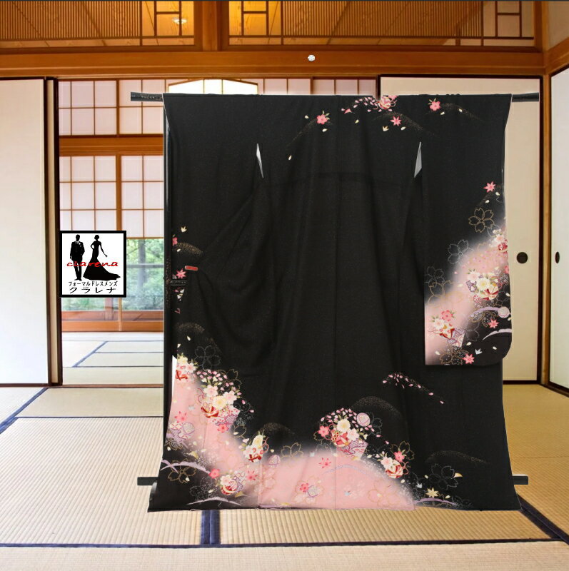 《ブラックフライデークーポンで500円-27,000円OFF》販売 クラレナの 黒 薄コーラルピンク 桜 手毬 正絹 中振袖 (MS1260) (中古) (US...