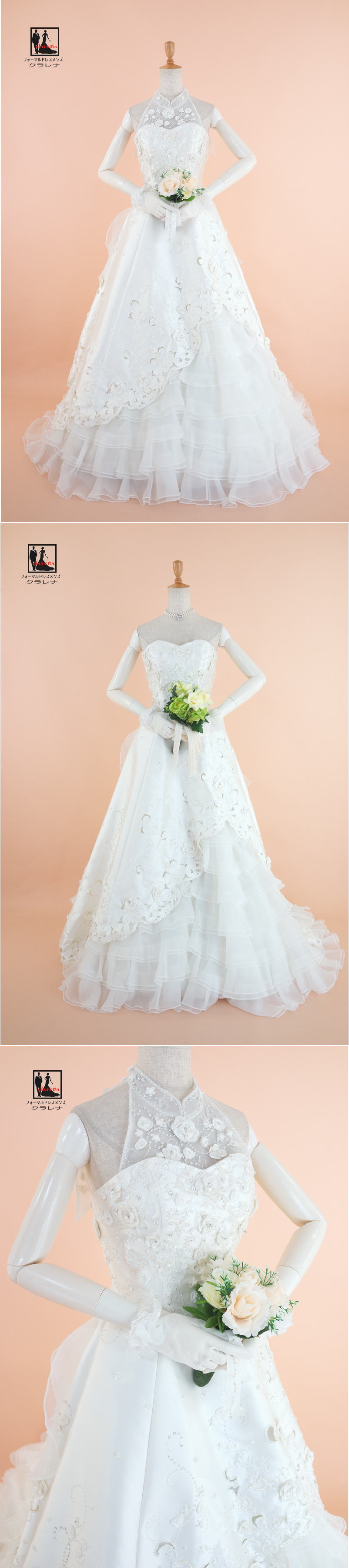 《フォーマル衣装》ウェディングドレス クラレナの ティアラ チョーカー イヤリング 手袋付き 2WAYネック オフホワイト ウエディングドレス 5-9号(CLW1194)【中古】(USED品)（リサイクル）【洋装】【ドレス】【wd7】【wd9】【wd11】