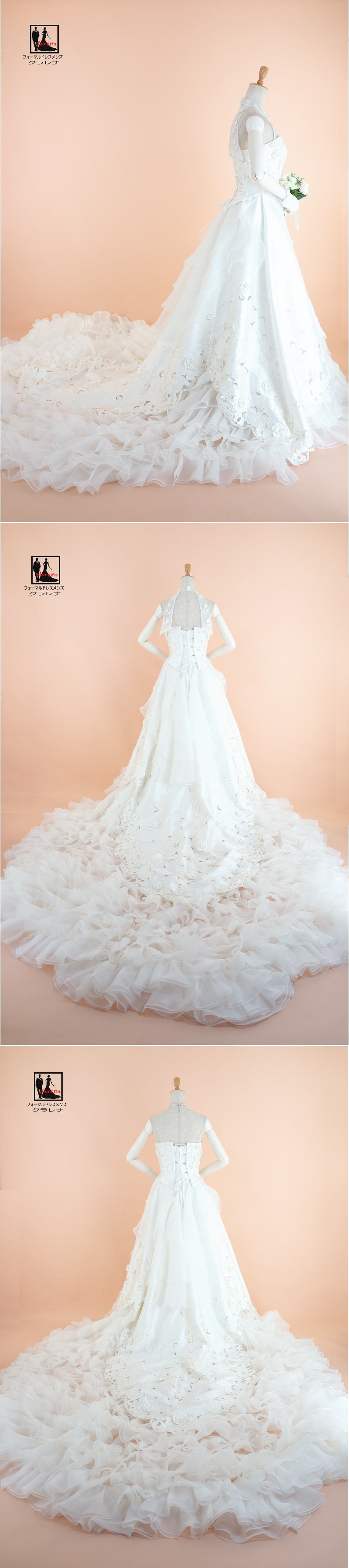 《フォーマル衣装》ウェディングドレス クラレナの ティアラ チョーカー イヤリング 手袋付き 2WAYネック オフホワイト ウエディングドレス 5-9号(CLW1194)【中古】(USED品)（リサイクル）【洋装】【ドレス】【wd7】【wd9】【wd11】