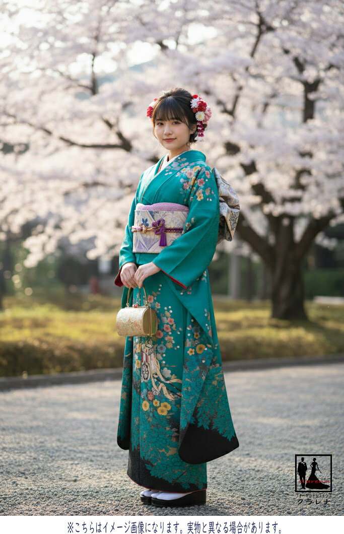 《フォーマル衣装》販売 クラレナの 緑 黒 御所車 梅 菊 牡丹 正絹中振袖 ＋薄紫 銀 白 薄グレー ピンク 青 桜 正絹 袋帯2点セット (MS931)(中古)(USED)(リサイクル)【和装】【着物】【女性】【中振袖】