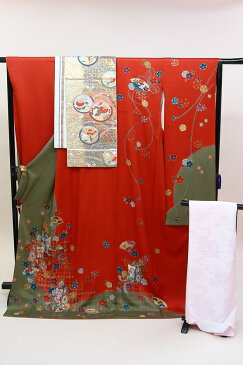 初売りセール 【福袋 35%OFF クーポン 対象商品】振袖 髪飾り 中古 レンタル ではなく 販売 送料無料セット レディース着物 リサイクル赤茶色+オリーブ色正絹中振袖 袋帯 長襦袢 3点セット(袋帯・長襦袢付)(OBL642)(USED品)