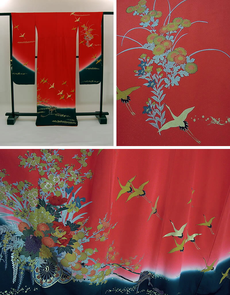 《フォーマル衣装》赤×深緑に花車・金の鶴 正絹 振袖 着物(KA344)(USED品)【中古】【和装】【着物】【女性】【中振袖】